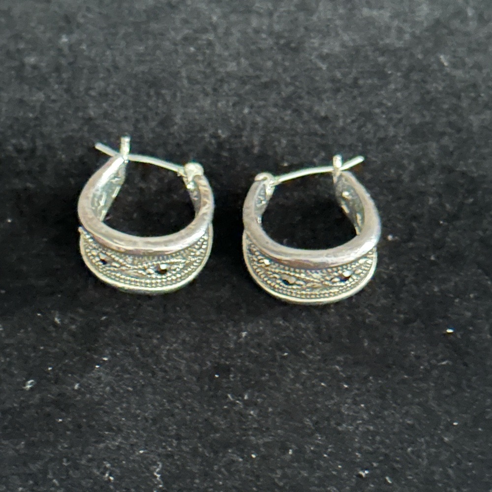 Sterling Silver Textured Hoop Earrings - Silver